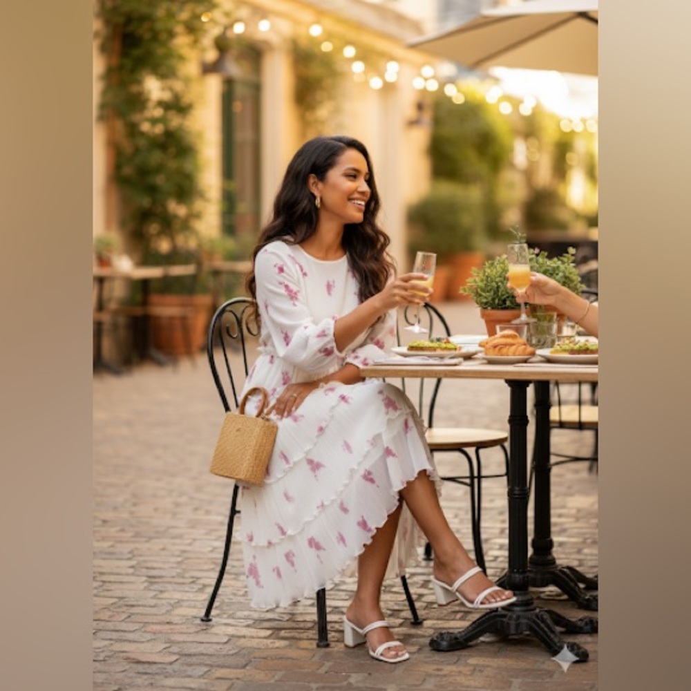 Ganni White and Pink Floral Tiered Long Sleeve Dress size 40 M‎